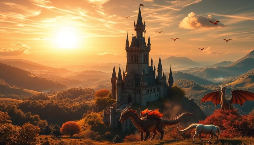 A breathtaking fantasy world set in a lush, vibrant landscape. In the foreground, a towering medieval castle stands tall, its intricate architecture and ornate details capturing the eye. Surrounding the castle, rolling hills and verdant forests create a serene and enchanting backdrop. The sky above is a mesmerizing blend of warm hues, with the sun's golden rays filtering through wispy clouds. Fantastical creatures, such as majestic dragons and mystical unicorns, roam the land, adding to the sense of wonder and imagination. The lighting is soft and natural, casting a dreamlike quality over the entire scene. Seamlessly blending fantasy and simulation elements, this image offers a captivating and immersive visual experience.
