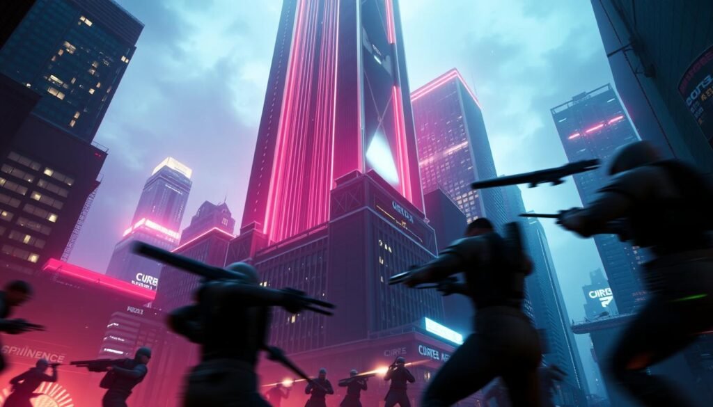 A breathtaking, hyper-realistic rendering of next-generation video game graphics. Set against a dramatic, neon-tinged cityscape, the scene depicts a towering, futuristic skyscraper, its sleek lines and sharp angles accentuated by dynamic lighting and reflections. In the foreground, a highly detailed, cinematic action sequence unfolds, with lifelike character models engaged in intense combat, their movements captured with precise motion blur. The overall mood is one of technological wonder and raw, visceral power, hinting at the mind-blowing visual experiences that will soon grace the latest high-end gaming PCs.