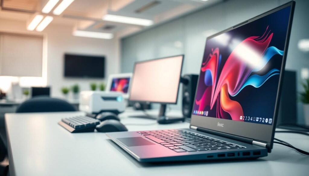 A bright, well-lit office setting with a desk showcasing a sleek, high-end gaming laptop in the foreground. The laptop's display features crisp, vibrant visuals, highlighting its suitability for next-generation gaming. In the middle ground, a selection of gaming peripherals, such as a high-DPI mouse and a mechanical keyboard, create a cohesive setup. The background softly blurs, drawing the viewer's attention to the central laptop. The overall scene conveys a sense of professional productivity and the power of modern gaming hardware to handle the demands of next-gen titles.