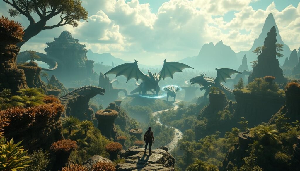 A cinematic, immersive exploration of a lush, fantastical world. In the foreground, a player avatar navigates intricate, awe-inspiring landscapes, encountering majestic, larger-than-life creatures that serve as formidable foes. The middle ground showcases epic boss battles, with dynamic lighting and cinematic camera angles heightening the intensity and grandeur of the confrontations. In the background, sweeping vistas reveal breathtaking environments, brimming with a sense of mystery and wonder, inviting the player to delve deeper into this captivating, next-generation gaming experience.