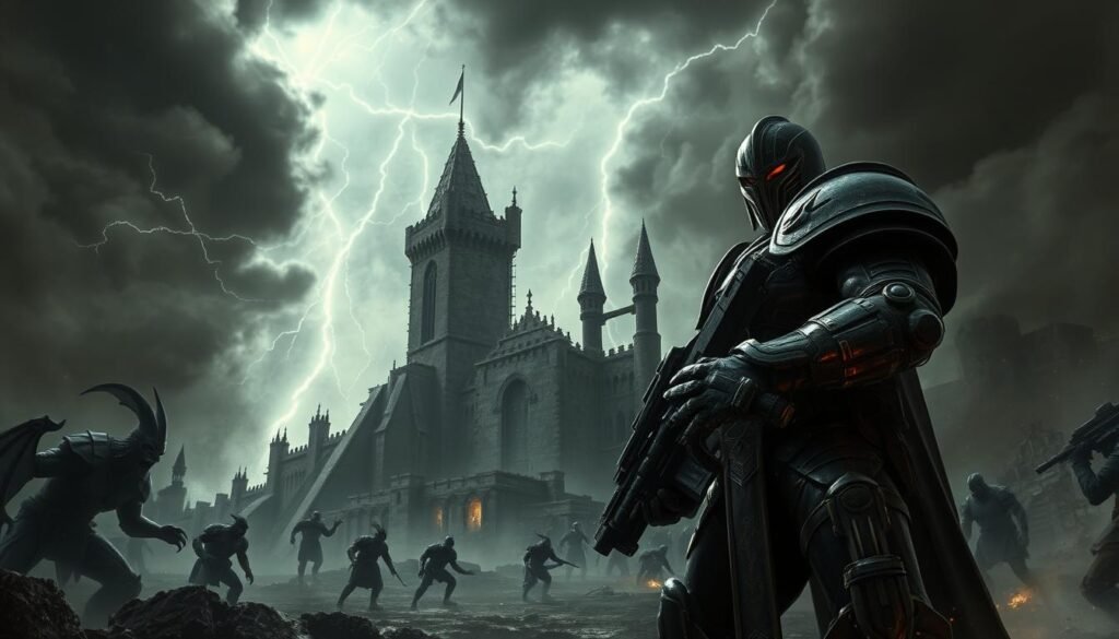 A dark, atmospheric scene depicting an intense battle in a medieval-inspired world, reminiscent of "Doom: The Dark Ages". In the foreground, a powerful armored warrior stands ready for combat, holding a futuristic energy weapon, showcasing intricate details in the armor that hint at advanced technology. The middle ground features a crumbling castle surrounded by ominous, swirling dark clouds and flashes of lightning, evoking a sense of impending doom. In the background, shadowy figures of monstrous demons can be seen lurking, enhancing the feeling of danger and chaos. The lighting is stark and dramatic, emphasizing contrasts between light and shadow, with a low-angle perspective to convey the enormity of the scene. An overall mood of tension and excitement permeates the image, ideal for a next-gen gaming experience.