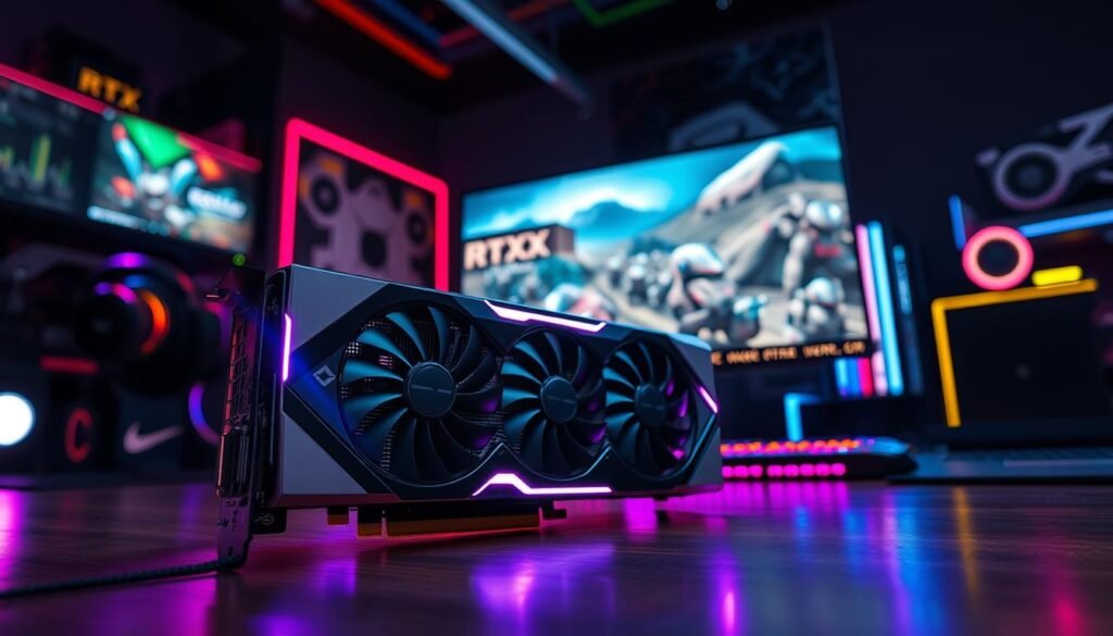 A detailed benchmark performance comparison scene featuring a powerful RTX 5090 graphics card in a high-tech gaming setup. In the foreground, the graphics card prominently displayed with glowing LED lights illuminating its intricate design, highlighted by a sleek silver and black color scheme. The middle ground showcases a modern gaming monitor with vibrant, high-resolution graphics from a next-gen game, emphasizing the card's capabilities, while colorful gaming peripherals surround it. The background reveals a dark room, illuminated by ambient RGB lighting, creating an energetic and immersive atmosphere. A low-angle shot captures the graphics card's grandeur, reflecting its technological superiority. The overall mood is intense and dynamic, evoking a sense of cutting-edge innovation and excitement in the gaming world, perfect for an article focused on next-generation gaming challenges. A detailed benchmark performance comparison scene featuring a powerful RTX 5090 graphics card in a high-tech gaming setup. In the foreground, the graphics card prominently displayed with glowing LED lights illuminating its intricate design, highlighted by a sleek silver and black color scheme. The middle ground showcases a modern gaming monitor with vibrant, high-resolution graphics from a next-gen game, emphasizing the card's capabilities, while colorful gaming peripherals surround it. The background reveals a dark room, illuminated by ambient RGB lighting, creating an energetic and immersive atmosphere. A low-angle shot captures the graphics card's grandeur, reflecting its technological superiority. The overall mood is intense and dynamic, evoking a sense of cutting-edge innovation and excitement in the gaming world, perfect for an article focused on next-generation gaming challenges.