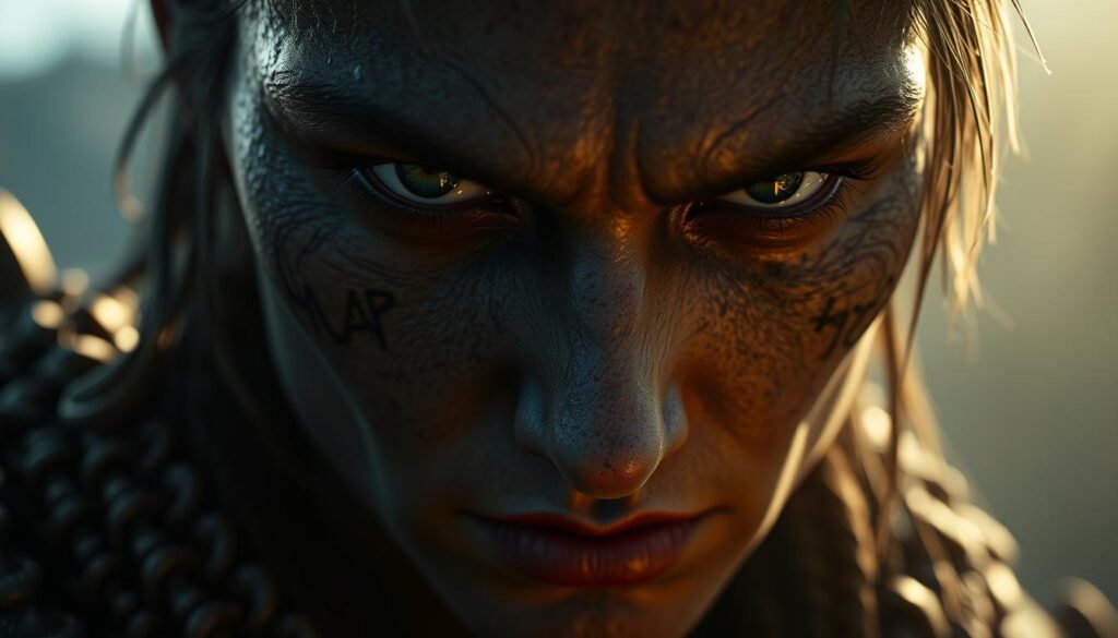 A detailed, cinematic close-up of a weathered, battle-scarred warrior's face in the intense, dramatic lighting of Hellblade II. Capture the gritty, realistic facial features rendered with cutting-edge photogrammetry technology, from the intricate textures of the skin to the piercing gaze of the eyes. Showcase the intense, moody atmosphere with deep shadows, dramatic highlights, and a sense of foreboding tension. Compose the image to focus on the expressive, emotive details that convey the narrative and emotional weight of the game's dark, visceral world.