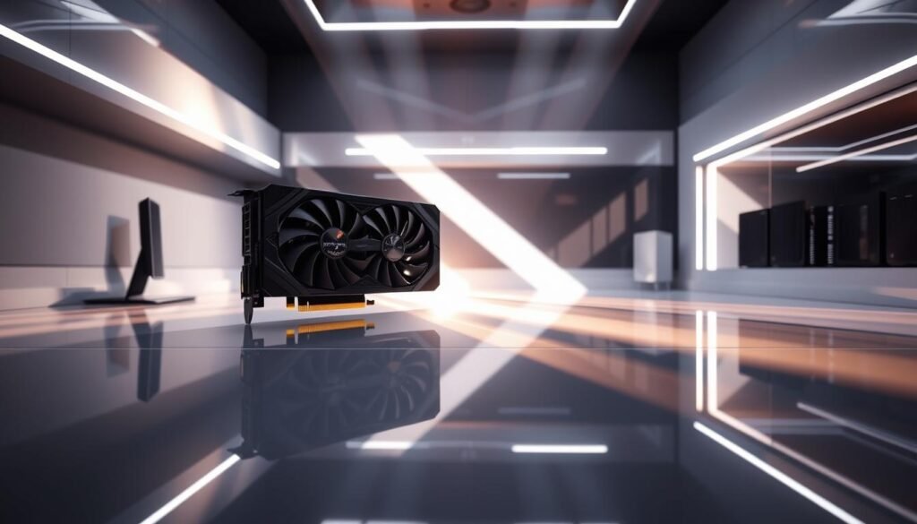 A detailed, high-quality rendering of ray tracing effects, showcasing the advanced lighting and reflections it creates. The scene depicts a sleek, futuristic gaming PC setup, with a powerful graphics card prominently displayed. The lighting should be dramatic, with sharp contrasts between highlights and shadows, and intricate reflections on the glossy surfaces. The environment should be a minimalist, modern interior, with clean lines and a sense of technological sophistication. The overall mood should convey the visual impact and performance demands of cutting-edge ray tracing technology.