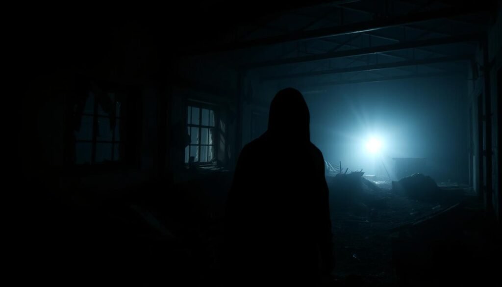 A dimly lit, eerie environment with a sense of foreboding. The scene takes place in a remote, abandoned building, with shadows and pockets of light creating an unsettling atmosphere. In the foreground, a lone figure stands, their face partially obscured by darkness, the only illumination coming from a flickering, dynamic lighting system that casts dynamic shadows across the scene. The middle ground features broken windows, crumbling walls, and debris, adding to the sense of decay and neglect. The background is shrouded in deep, impenetrable darkness, hinting at the presence of unknown, lurking dangers. The overall mood is one of cinematic horror, with the real-time lighting system contributing to a sense of unease and tension.