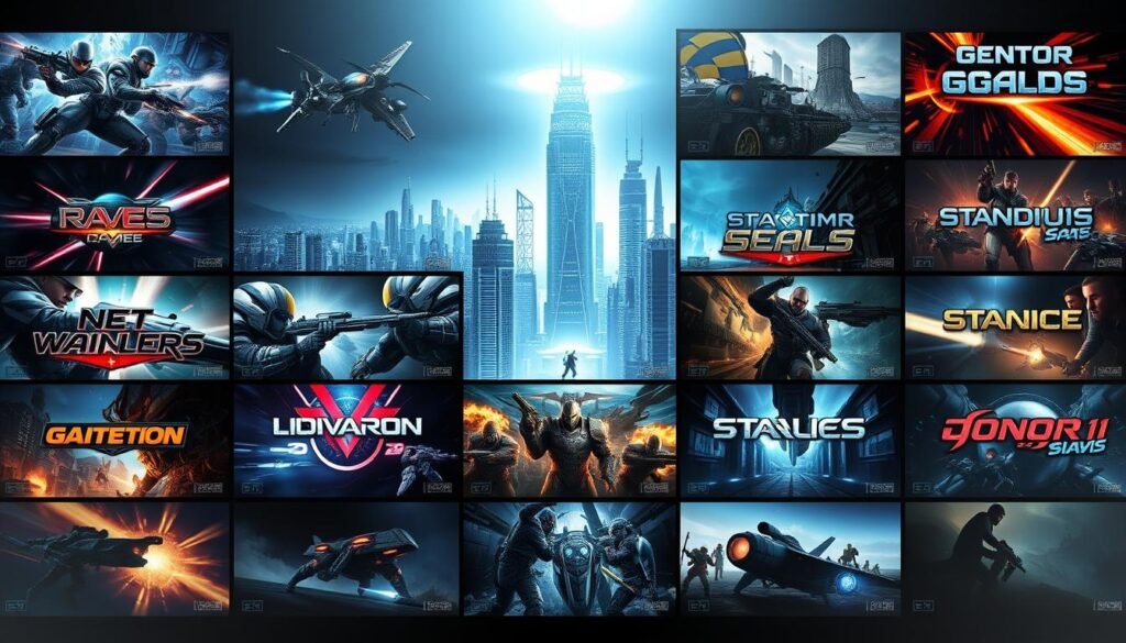 A dynamic grid of game title screens, each showcasing a distinct visual style and strategic gameplay element. The foreground features a diverse array of genres, from intense real-time battles to intricate turn-based maneuvers, all rendered in high-fidelity photorealistic detail. The middle ground presents a futuristic, neon-infused cityscape, hinting at the technological prowess required to power these next-generation gaming experiences. The background sets the stage with a moody, atmospheric lighting that casts dramatic shadows, emphasizing the depth and complexity of the strategies at play. The overall composition evokes a sense of anticipation and challenge, reflecting the demanding nature of these visually stunning and strategically complex gaming titles.