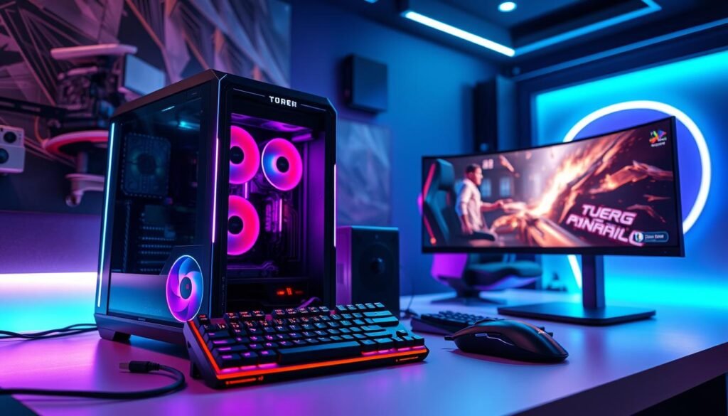 A futuristic gaming rig setup for 2025, featuring a sleek, cutting-edge PC tower with glowing RGB accents and large cooling fans, placed prominently on a modern desk. The foreground displays high-end gaming peripherals like a mechanical keyboard and an ergonomic gaming mouse, alongside a 32-inch ultra-wide monitor showcasing vivid graphics from a next-gen game. In the middle background, a stylish gaming chair and additional monitors can be seen. The lighting is dynamic, with a mix of neon blues and purples creating an energetic atmosphere. The image angle is slightly elevated, giving a comprehensive view of the setup, with a soft-focus effect on the background to emphasize the rig. The overall mood is intense and immersive, reflecting the high-stakes gaming environment of 2025. A futuristic gaming rig setup for 2025, featuring a sleek, cutting-edge PC tower with glowing RGB accents and large cooling fans, placed prominently on a modern desk. The foreground displays high-end gaming peripherals like a mechanical keyboard and an ergonomic gaming mouse, alongside a 32-inch ultra-wide monitor showcasing vivid graphics from a next-gen game. In the middle background, a stylish gaming chair and additional monitors can be seen. The lighting is dynamic, with a mix of neon blues and purples creating an energetic atmosphere. The image angle is slightly elevated, giving a comprehensive view of the setup, with a soft-focus effect on the background to emphasize the rig. The overall mood is intense and immersive, reflecting the high-stakes gaming environment of 2025.