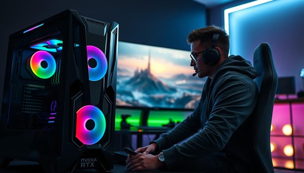 A futuristic gaming setup showcasing a high-performance PC optimized for next-gen gaming experiences in 2025. In the foreground, feature a sleek, modded gaming tower with RGB lighting and a prominent NVIDIA RTX graphics card illuminated in vibrant hues. The middle ground includes a high-resolution gaming monitor displaying a stunning landscape of a next-gen game—realistic graphics and intricate textures—while a professional gamer, dressed in casual yet sharp attire, sits intensely focused. The background captures a modern gaming room with ambient LED lights casting a soft glow. Use dramatic side lighting to highlight the details and create a dynamic, immersive atmosphere that emphasizes cutting-edge technology and gaming innovation.