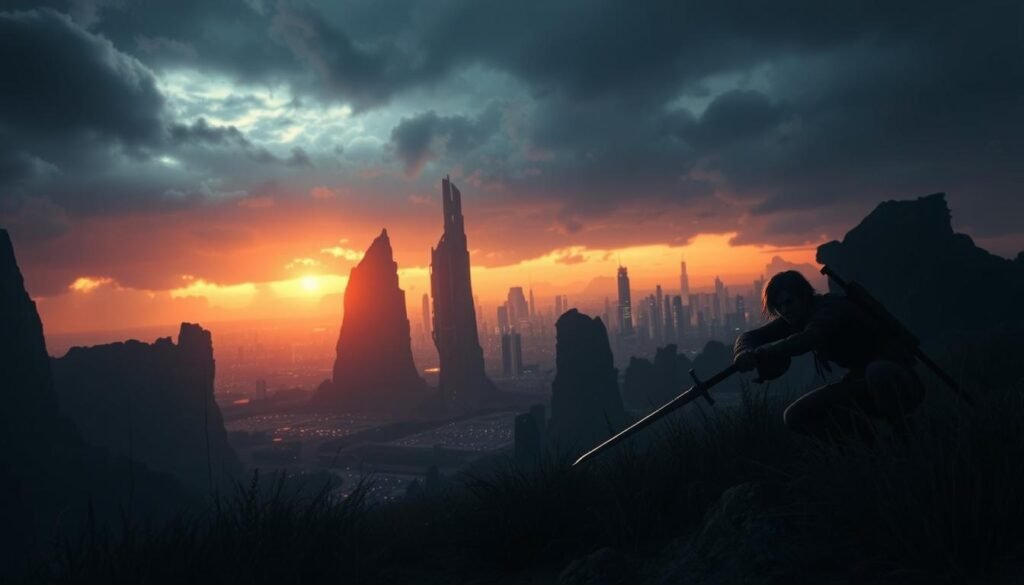A gritty, atmospheric JRPG landscape at dusk. In the foreground, a weary adventurer crouches in the shadows, sword drawn, poised to parry an unseen threat. Moody, ambient lighting bathes the scene in a warm, Clair Obscur glow, creating pockets of light and shadow. Towering, angular rock formations jut up in the middle ground, their jagged silhouettes against an ominous, stormy sky. In the distance, a sprawling, futuristic city glistens, its cyberpunk architecture hinting at the challenges that lie ahead. An air of mystery and tension pervades the scene, setting the stage for an immersive, real-time combat experience.