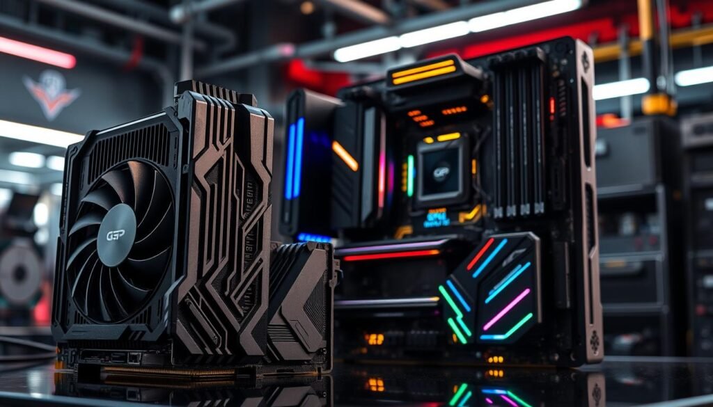 A high-tech computer hardware display showcasing the latest cutting-edge components for a next-generation gaming PC. The foreground features a sleek, metallic GPU with intricate heatsinks and RGB lighting, flanked by high-capacity RAM modules and a powerful CPU cooler. In the middle ground, a state-of-the-art motherboard with a futuristic design, glowing traces, and advanced I/O ports. The background depicts a blurred, neon-lit industrial environment, hinting at the immense power and performance of this rig. Dramatic side lighting casts dramatic shadows, emphasizing the angular, geometric shapes of the hardware. An overall sense of technological sophistication and raw computing power.