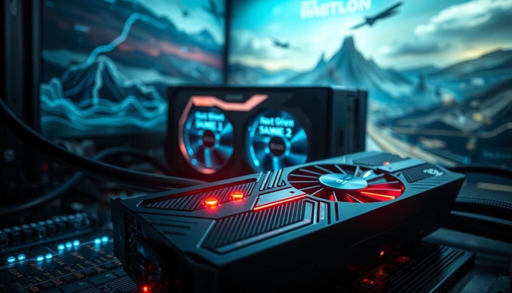 A highly detailed close-up of a next-gen GPU immersed in a high-tech environment, showcasing intricate circuit patterns and glowing LED lights. The GPU is positioned prominently in the foreground, reflecting its powerful design with sleek lines and metallic finishes. In the middle ground, a modern power supply unit is visible, featuring digital displays that indicate power consumption levels, all illuminated by a cool blue light. The background includes abstract representations of high-performance gaming graphics, such as dynamic landscapes and fast-paced action scenes. The overall atmosphere conveys a sense of cutting-edge technology and urgency, with a mix of dark tones and vibrant highlights, emphasizing the importance of adequate power supply for next-gen gaming rigs. Soft focus around the edges to concentrate attention on the GPU and power supply details. A highly detailed close-up of a next-gen GPU immersed in a high-tech environment, showcasing intricate circuit patterns and glowing LED lights. The GPU is positioned prominently in the foreground, reflecting its powerful design with sleek lines and metallic finishes. In the middle ground, a modern power supply unit is visible, featuring digital displays that indicate power consumption levels, all illuminated by a cool blue light. The background includes abstract representations of high-performance gaming graphics, such as dynamic landscapes and fast-paced action scenes. The overall atmosphere conveys a sense of cutting-edge technology and urgency, with a mix of dark tones and vibrant highlights, emphasizing the importance of adequate power supply for next-gen gaming rigs. Soft focus around the edges to concentrate attention on the GPU and power supply details.