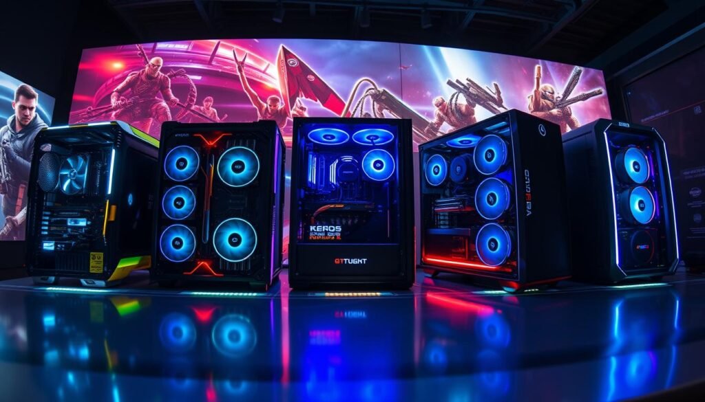 A highly detailed comparison of gaming system specifications, featuring five distinct gaming rigs lined up side by side on a sleek, modern display table. Each rig showcases powerful graphics cards and elaborate cooling systems, with holographic displays illustrating their specs. The foreground captures intricate technical components, including a close-up of the GPUs, cables, and LEDs glowing. The middle ground presents the gaming systems, adorned with ambient LED lighting reflecting a futuristic vibe, while the background showcases a digitally rendered environment with game graphics in action, bathed in dramatic lighting that evokes excitement and intensity. The scene is shot with a slight fisheye effect to emphasize the gaming rigs, creating a sense of depth and engagement, perfect for illustrating the competitive nature of next-gen gaming. A highly detailed comparison of gaming system specifications, featuring five distinct gaming rigs lined up side by side on a sleek, modern display table. Each rig showcases powerful graphics cards and elaborate cooling systems, with holographic displays illustrating their specs. The foreground captures intricate technical components, including a close-up of the GPUs, cables, and LEDs glowing. The middle ground presents the gaming systems, adorned with ambient LED lighting reflecting a futuristic vibe, while the background showcases a digitally rendered environment with game graphics in action, bathed in dramatic lighting that evokes excitement and intensity. The scene is shot with a slight fisheye effect to emphasize the gaming rigs, creating a sense of depth and engagement, perfect for illustrating the competitive nature of next-gen gaming.