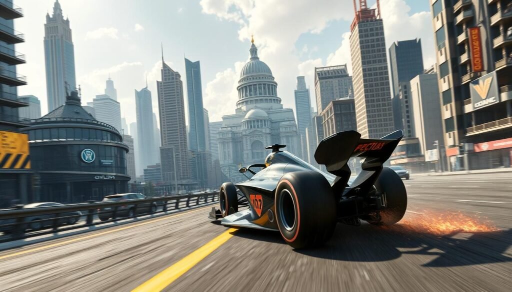 A hyper-realistic rendering of a futuristic F1 car racing through a sprawling Civilization 7 metropolis. The sleek, aerodynamic F1 racer surges forward, its engine roaring as it navigates the bustling city streets lined with towering skyscrapers and advanced infrastructure. In the background, a grand domed structure symbolizing Civilization 7's cultural and technological achievements rises majestically. Dramatic lighting casts long shadows, emphasizing the car's dynamic motion and the scene's immersive atmosphere. Intricate details, such as the car's precision engineering, the city's meticulously designed architecture, and the realistic physics simulation, showcase the remarkable advancements in the next generation of gaming experiences.