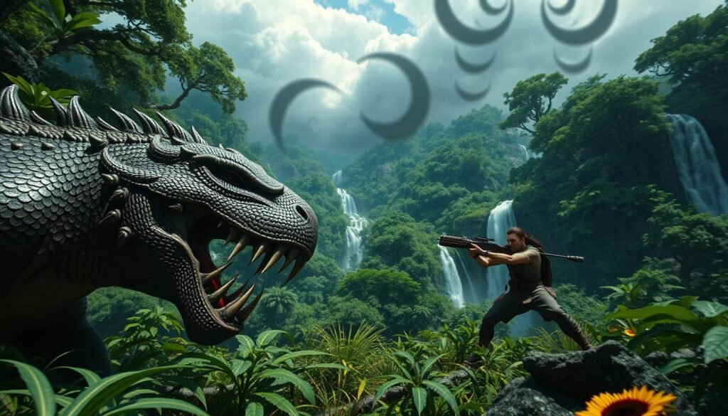 A lush, vibrant wilderness teeming with life and danger. In the foreground, a colossal beast, scales gleaming like armor, jaws agape, ready to strike. In the middle ground, a determined hunter, wielding an intricate, high-tech weapon, their movement captured in a blur of speed and precision. The background reveals a verdant, primordial landscape - towering trees, cascading waterfalls, and a sky filled with ominous, swirling clouds. The lighting is dynamic, casting dramatic shadows and highlights, creating a sense of intensity and urgency. The overall scene conveys a brutal, awe-inspiring ecosystem where survival is a constant, thrilling challenge.