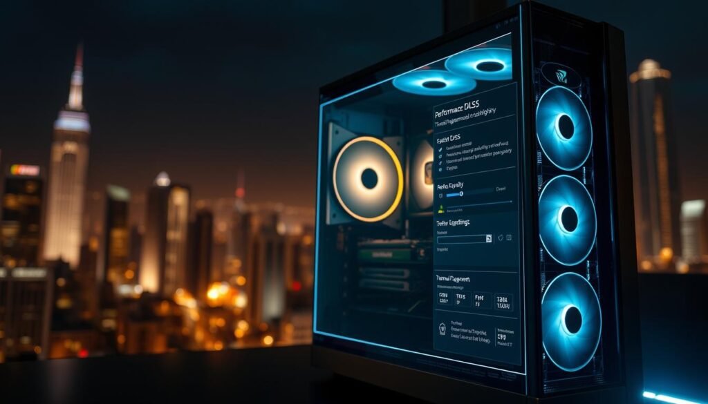 A powerful gaming desktop, its sleek chassis housing cutting-edge RTX technology. In the foreground, a holographic display showcases performance settings, DLSS, and thermal management options, allowing the user to fine-tune their experience. Ambient lighting subtly illuminates the scene, casting a warm glow that reflects off the system's metallic accents. The background features a futuristic cityscape, hinting at the demanding next-gen titles the rig is built to handle. The overall atmosphere conveys a sense of power, control, and the thrill of pushing the boundaries of visual fidelity.