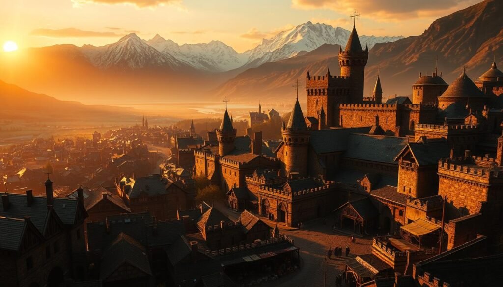 A sprawling medieval kingdom, bathed in the warm glow of a setting sun. Towering stone castles, their spires reaching skyward, stand resolute against the encroaching darkness. Cobbled streets wind through bustling marketplaces, where merchants hawk their wares and peasants go about their daily toil. In the distance, the silhouettes of towering mountains loom, their peaks capped with pristine snow. The scene is imbued with a sense of timelessness, a world untouched by the modern age. The lighting is soft and atmospheric, casting long shadows and accentuating the textures of the aged architecture. The camera angle is slightly elevated, offering a sweeping vista that captures the grandeur and scale of this medieval kingdom. The overall mood is one of quiet contemplation, inviting the viewer to immerse themselves in the rich tapestry of this bygone era. A sprawling medieval kingdom, bathed in the warm glow of a setting sun. Towering stone castles, their spires reaching skyward, stand resolute against the encroaching darkness. Cobbled streets wind through bustling marketplaces, where merchants hawk their wares and peasants go about their daily toil. In the distance, the silhouettes of towering mountains loom, their peaks capped with pristine snow. The scene is imbued with a sense of timelessness, a world untouched by the modern age. The lighting is soft and atmospheric, casting long shadows and accentuating the textures of the aged architecture. The camera angle is slightly elevated, offering a sweeping vista that captures the grandeur and scale of this medieval kingdom. The overall mood is one of quiet contemplation, inviting the viewer to immerse themselves in the rich tapestry of this bygone era.