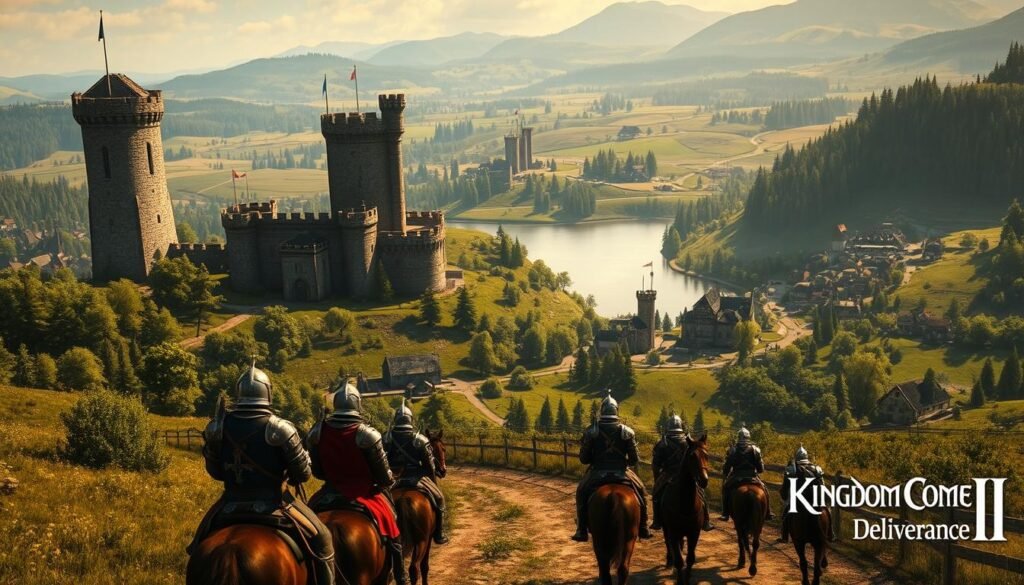 A sprawling medieval landscape, bathed in warm, golden sunlight. Towering castles with intricate stone facades and crenelated towers stand proud, their silhouettes reflected in the still waters of a nearby lake. Verdant forests and rolling hills stretch out to the horizon, dotted with quaint villages and the meandering paths of a bygone era. In the foreground, a group of heavily armored knights on horseback patrol the roads, their tabards emblazoned with heraldic crests. The attention to historical detail is exquisite, from the meticulously crafted armor and weaponry to the authenticity of the architectural styles. This is the world of Kingdom Come: Deliverance II, a stunning recreation of the medieval period that immerses the viewer in its gritty realism and captivating atmosphere.
