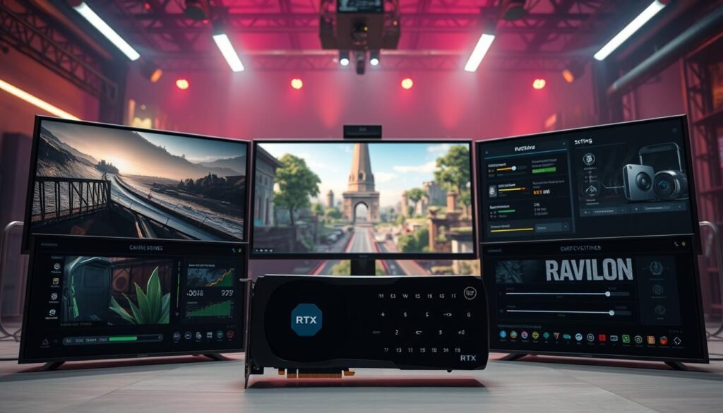 A sprawling, ultra-realistic gaming PC setup with a powerful RTX graphics card, multiple high-resolution displays, and cutting-edge visual settings. The foreground features an elegant, customizable UI showcasing various graphics options and performance sliders. The middle ground depicts a 3D scene with lush, detailed environments, dynamic lighting, and cinematic depth of field. The background subtly blends into an atmospheric studio setting with modern industrial elements. The overall composition conveys a sense of immersive, visually stunning gameplay with precise, tailored graphics settings to optimize performance and visual quality.