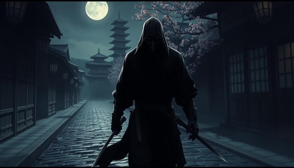 A stealthy assassin clad in a dark, hooded garment navigates the dimly lit streets of a feudal Japanese town, their movements fluid and silent. Shadows stretch across cobblestone paths and paper-panel walls, creating a moody atmosphere of tension and anticipation. The assassin's keen eyes scan the environment, searching for the perfect vantage point to strike unseen, katana gleaming in the soft moonlight. In the distance, the silhouettes of towering pagodas and cherry blossom trees frame the scene, hinting at the ancient history and culture of this setting. The overall composition evokes a sense of mystery, danger, and the skilled mastery of the assassin's craft.