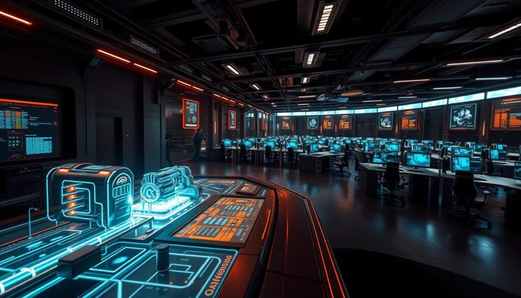 A stunning game engine showcase in a high-tech, futuristic setting. In the foreground, a detailed 3D model of a cutting-edge graphics pipeline, its intricate components and pathways illuminated by a brilliant, holographic display. The middle ground features a sleek, metallic control console, its interface panels glowing with dynamic visualizations of real-time rendering data. In the background, an expansive, panoramic view of a sprawling, ultra-modern game development lab, filled with state-of-the-art workstations and advanced rendering hardware. Dramatic lighting casts dramatic shadows, creating an atmosphere of technical sophistication and next-generation gaming potential.