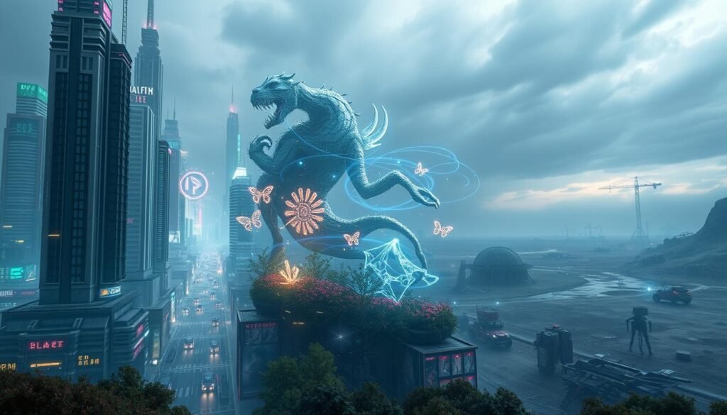 A sweeping, immersive landscape featuring a fusion of diverse game genres. In the foreground, a cyberpunk-inspired cityscape with towering skyscrapers and neon-lit streets. Floating holograms and augmented reality elements overlay the scene, hinting at advanced technology. In the middle ground, a mythical, fantastical realm with ethereal creatures and glowing flora. Wispy magical energies swirl through the air, creating a sense of enchantment. In the distant background, a post-apocalyptic wasteland with ruined structures and a moody, overcast sky. The overall composition blends these disparate elements seamlessly, conveying a sense of boundless creativity and genre-crossing innovation. Prompt