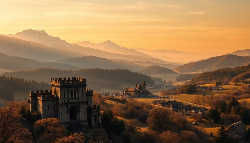 A vast and ancient world, spanning the realms of dark ages, old country, and fantastical lands. A sweeping vista of rolling hills, dense forests, and towering snow-capped mountains, bathed in the warm glow of a golden-hour sunset. In the foreground, a weathered stone castle stands tall, its turrets and battlements casting long shadows across the landscape. The middle ground is dotted with quaint villages, their thatched-roof homes and cobblestone streets hinting at a simpler time. The background fades into a hazy, dreamlike horizon, where the edges of reality and imagination blur together. This image conveys a sense of timeless wonder, inviting the viewer to explore the depths of this captivating world.
