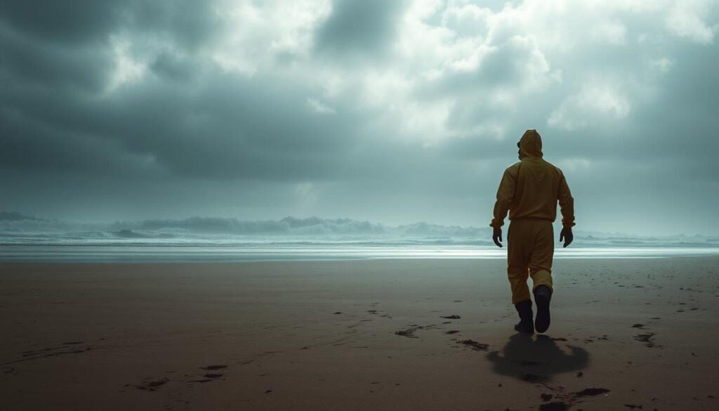 A vast and desolate beach, battered by relentless waves, stretches out under a foreboding sky. In the distance, the silhouette of a lone figure emerges, clad in a weathered hazmat suit, exploring the forgotten land. The scene is bathed in a somber, ethereal light, casting long shadows that seem to whisper of the mysteries that lie buried beneath the sand. The figure moves with a sense of cautious determination, their footsteps leaving faint imprints on the shore, as if tracing the path of those who have come before. The atmosphere is one of melancholy and wonder, inviting the viewer to join in the character's journey of discovery and contemplation.