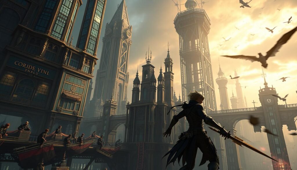 A vast and intricate world, shrouded in the hues of a mysterious time-traveling adventure. Towering structures of glass and steel rise against a backdrop of a darkened sky, their architectural designs blending futuristic elegance with Victorian-inspired motifs. The protagonist, clad in a sleek, avant-garde battle attire, navigates the expansive environments, their movements fluid and graceful as they engage in intense combat with formidable foes. The lighting is dramatic, casting dramatic shadows and highlights that accentuate the game's cinematic visual style. The overall atmosphere is one of wonder, danger, and a sense of exploration, inviting the viewer to immerse themselves in the captivating world of Code Vein 2.