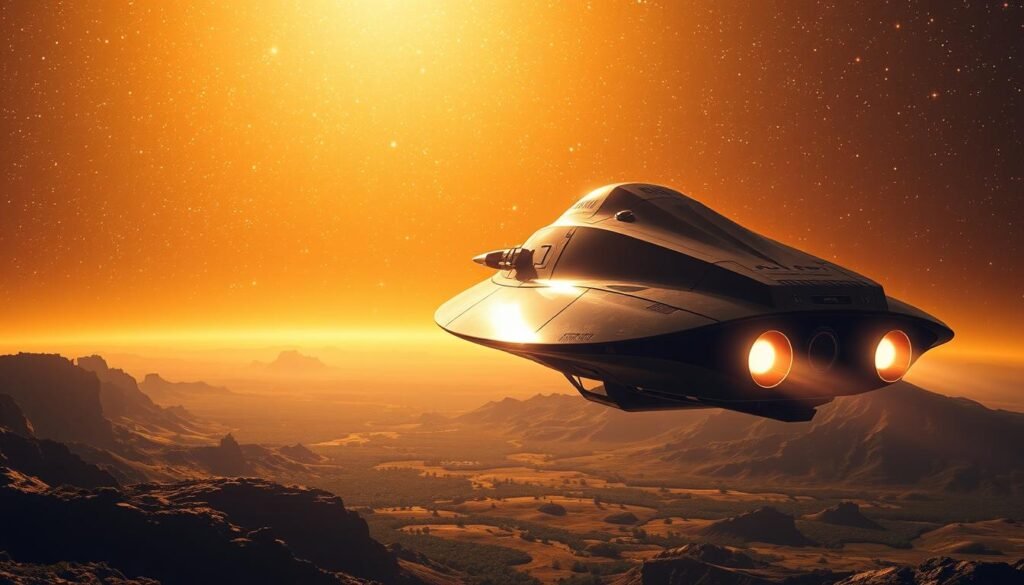 A vast, awe-inspiring expanse of stars and celestial bodies fills the background, bathed in a warm, golden glow. In the foreground, a state-of-the-art spacecraft hovers, its sleek, futuristic design reflecting the intricate details of its outer hull. The spacecraft's thrusters emit a soft, ethereal glow, casting gentle shadows on the surrounding environment. In the middle ground, a lush, alien landscape unfolds, its vibrant colors and intricate geological formations hinting at the wonders of an untamed, unexplored world. The scene conveys a sense of ambition, discovery, and the boundless potential of human exploration, all captured with a keen eye for realism and attention to detail.
