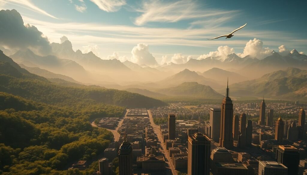 A vast, open-world landscape, teeming with intricate details and demanding the full power of a next-generation GPU. Towering mountains pierce the horizon, their peaks adorned with snow and capped by wispy clouds. Lush, verdant forests stretch out in the middle distance, their canopies casting dynamic shadows across the undulating terrain. In the foreground, a bustling city rises up, its gleaming skyscrapers and intricate architecture bathed in warm, golden light. The scene is alive with activity, from the busy streets below to the soaring birds in the sky above. Realistic, high-detail textures and meticulous modeling create a sense of depth and immersion, while realistic lighting and atmospheric effects heighten the sense of scale and realism. This is a world that challenges the limits of PC hardware, demanding the latest and greatest in GPU technology to render its stunning visuals. A vast, open-world landscape, teeming with intricate details and demanding the full power of a next-generation GPU. Towering mountains pierce the horizon, their peaks adorned with snow and capped by wispy clouds. Lush, verdant forests stretch out in the middle distance, their canopies casting dynamic shadows across the undulating terrain. In the foreground, a bustling city rises up, its gleaming skyscrapers and intricate architecture bathed in warm, golden light. The scene is alive with activity, from the busy streets below to the soaring birds in the sky above. Realistic, high-detail textures and meticulous modeling create a sense of depth and immersion, while realistic lighting and atmospheric effects heighten the sense of scale and realism. This is a world that challenges the limits of PC hardware, demanding the latest and greatest in GPU technology to render its stunning visuals.