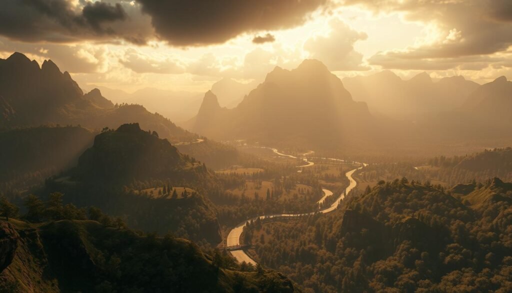 A vast, sprawling open-world landscape with towering mountains in the distance, lush forests and winding rivers in the foreground, and a dramatic, atmospheric sky overhead. The scene is bathed in warm, golden light, casting long shadows across the terrain. Detailed textures and intricate foliage create a sense of depth and immersion, while the camera angle captures the grandeur and scale of the environment. This open-world setting exudes a sense of freedom and exploration, hinting at the potential for epic adventures and jaw-dropping visuals in the games of the next generation. A vast, sprawling open-world landscape with towering mountains in the distance, lush forests and winding rivers in the foreground, and a dramatic, atmospheric sky overhead. The scene is bathed in warm, golden light, casting long shadows across the terrain. Detailed textures and intricate foliage create a sense of depth and immersion, while the camera angle captures the grandeur and scale of the environment. This open-world setting exudes a sense of freedom and exploration, hinting at the potential for epic adventures and jaw-dropping visuals in the games of the next generation.