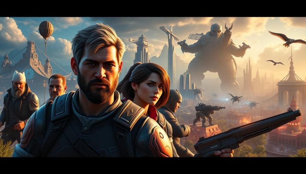 A vibrant and immersive scene showcasing the top 5 cutting-edge PC games of 2025, masterfully leveraging the capabilities of next-generation RTX technology. The foreground features larger-than-life game characters rendered in stunning photorealistic detail, their expressions and movements conveying the depth and intensity of the gaming experience. In the middle ground, high-fidelity in-game environments shimmer with intricate textures, dynamic lighting, and realistic visual effects that push the boundaries of what's possible. The background seamlessly blends futuristic cityscapes, lush natural landscapes, and technological marvels, creating a sense of awe and wonder. The overall atmosphere is one of breathtaking visual splendor, immersing the viewer in a world of unparalleled gaming excellence.