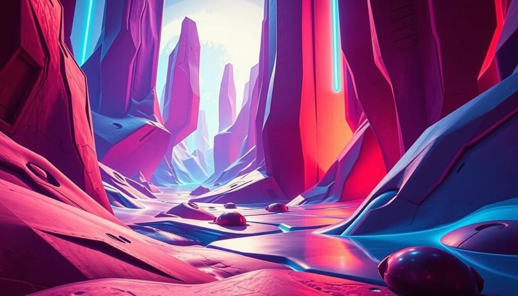 A vibrant digital landscape, a visionary alternative to traditional gaming graphics. Avant-garde visuals in a futuristic setting, with bold, neon-infused hues and a sense of technological dynamism. Sleek, angular shapes and forms create a striking, almost sculptural composition, hinting at the cutting-edge hardware powering the immersive gaming experiences of 2025. Dramatic lighting, with dramatic shadows and highlights, emphasizes the high-octane energy and intensity of the next-gen graphics. The scene strikes a balance between realism and stylized, abstract elements, conveying a vision of the future that is both grounded and imaginative.