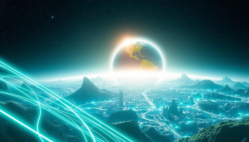 A vibrant planetary scene showcasing an advanced, futuristic landscape. In the foreground, sleek, glowing lines represent the "light" element, intertwining with high-tech structures that symbolize next-gen technology, such as floating data screens and holographic interfaces. The middle ground features a diverse range of complex cities with architectural designs that blend nature and technology, shimmering under a bright celestial sky. In the background, a massive planet radiates a soft, radiant light that illuminates the entire scene, emphasizing a sense of scale and wonder. The atmosphere is dynamic, filled with energy and innovation, capturing the essence of cutting-edge technology in a world where fire is replaced by luminous brilliance. The image is bathed in soft blue and green hues, creating a futuristic and optimistic mood, while the lens offers a wide-angle view to enhance the grandiosity of the planetary scale.