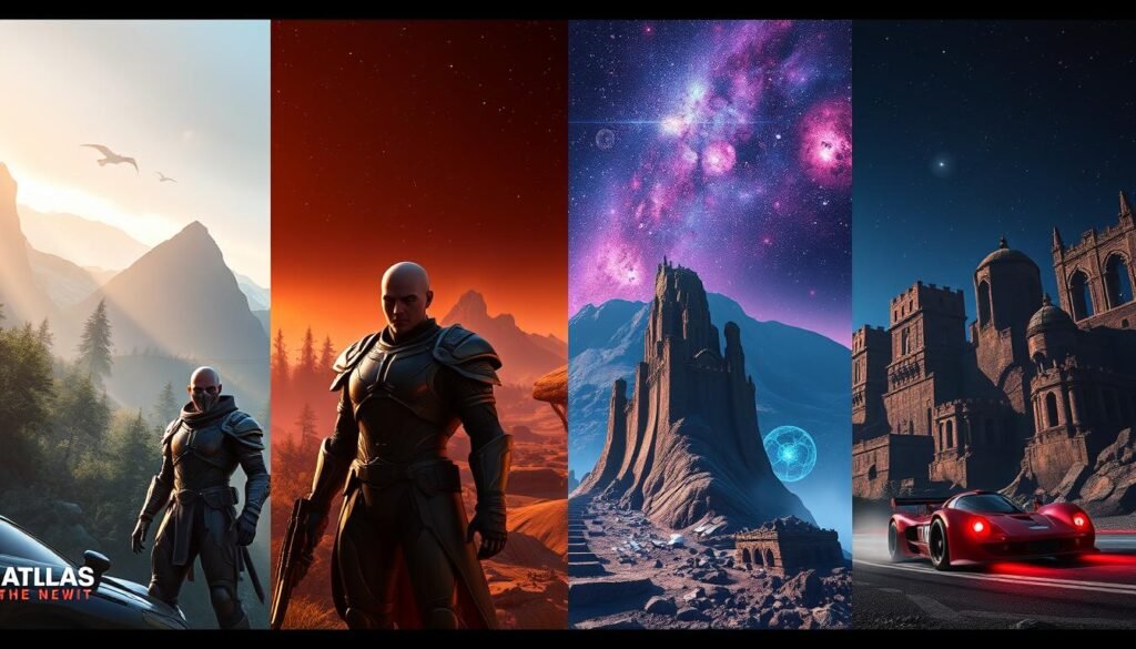 A visually striking comparison of next-gen gaming graphics in 2025, featuring a side-by-side analysis of five distinct game environments. In the foreground, showcase stunning character models from various genres—fantasy, sci-fi, horror, racing, and FPS—dressed in sleek, detailed armor and outfits. The middle layer displays immersive in-game landscapes, rich with intricate lighting effects and textures, including lush forests, futuristic cities, eerie ruins, rocky terrains, and dynamic racetracks. The background features a vibrant night sky filled with stars and nebulae, enhancing the sense of depth. Utilize dramatic lighting and cinematic angles to create a high-energy atmosphere that highlights the brutal graphics. The overall mood is one of excitement and anticipation, showcasing the future of gaming technology without any text or overlays.