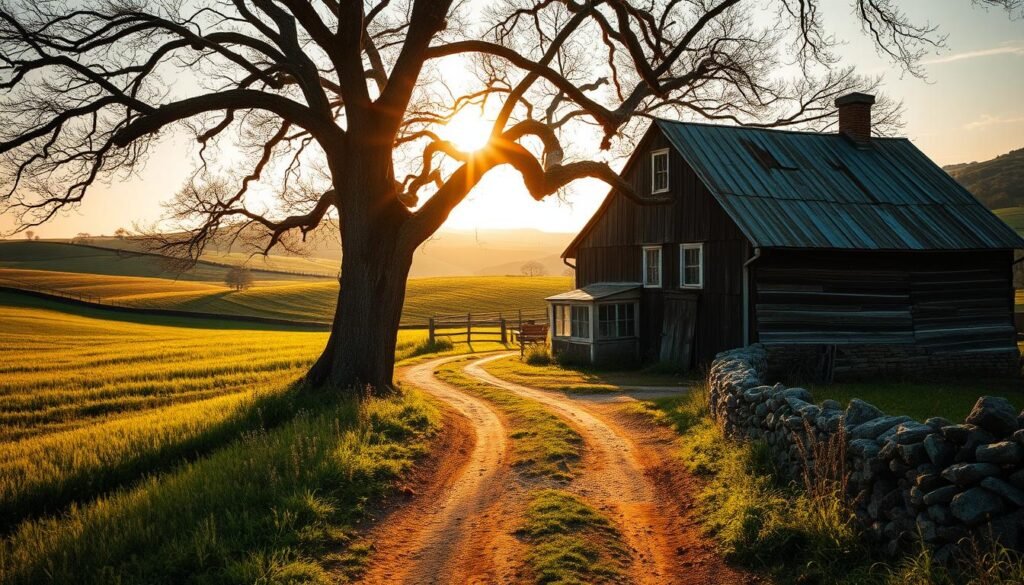 A weathered farmhouse nestled in a rolling, verdant countryside, its faded wooden boards and tin roof casting a nostalgic glow under the warm, golden light of a setting sun. In the foreground, a well-worn dirt path leads towards a towering oak tree, its gnarled branches swaying gently in the soft breeze. Surrounding the homestead, lush fields of wheat and barley sway in the distance, while a quaint stone wall winds its way through the landscape, adding to the timeless, rustic charm of this idyllic, "old country" scene.