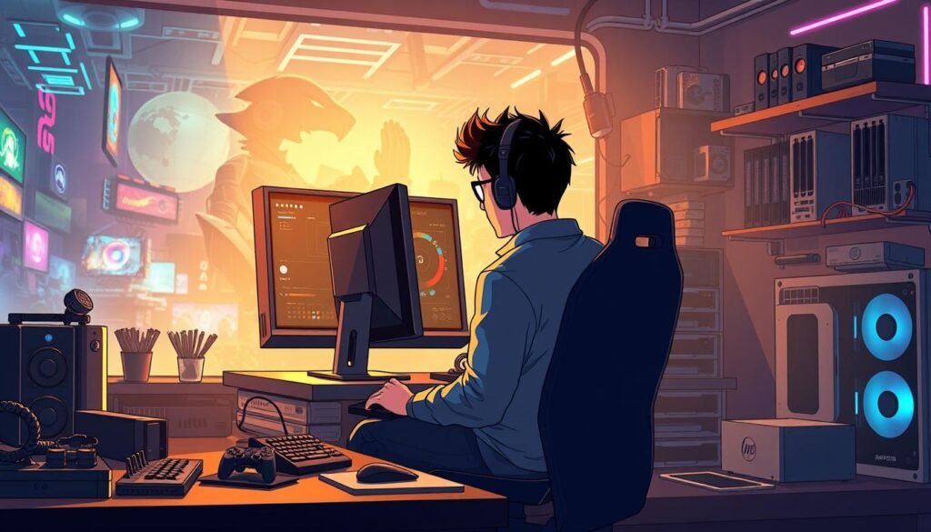 A well-lit, meticulously detailed illustration of a novice PC gamer's journey, featuring a central figure in the foreground sitting at a sleek, modern gaming setup, intently focused on the screen. The middle ground showcases a range of essential PC building tools, components, and accessories, arranged in an organized manner to convey a sense of learning and preparation. The background depicts a vibrant, futuristic gaming environment, with hints of ray-traced lighting and advanced graphical elements that create an immersive, next-gen atmosphere. The overall composition conveys a sense of empowerment, skill development, and the excitement of embarking on a new gaming adventure.