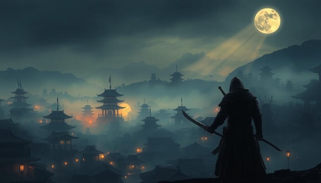 An expansive feudal Japanese landscape at dusk, shrouded in mist and shadows. In the foreground, a lone figure in dark assassin's garb, blades drawn, poised to strike. Behind them, the towering silhouettes of pagodas and samurai fortresses loom, while fiery lanterns illuminate the winding streets below. Shafts of moonlight pierce the haze, casting dramatic chiaroscuro illumination across the scene. The atmosphere is one of mystery, danger, and the melancholic beauty of a bygone era. Cinematic in scope, with a moody, atmospheric quality that evokes the essence of the Assassin's Creed franchise in a Sengoku-period Japanese setting.
