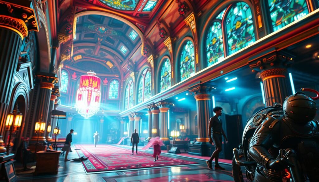 Dazzling real-time ray-traced scenes of cutting-edge video games set in vibrant, hyper-realistic environments. Dramatic HDR lighting illuminates intricate architectural details, glistening surfaces, and volumetric effects that push the boundaries of visual fidelity. Meticulously crafted character models exhibit lifelike skin textures, dynamic hair, and seamless animations that blur the line between virtual and reality. Cinematic camera angles and depth of field create a sense of depth and immersion, drawing the viewer into these visually stunning digital landscapes. Brace your RTX-powered rig for an onslaught of graphical splendor that will leave you in awe.