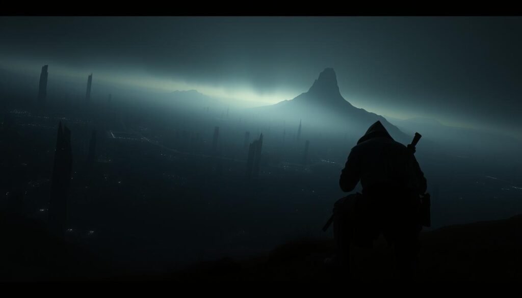 Prompt A dimly lit, atmospheric scene of a stealthy explorer navigating a vast, sprawling landscape. In the foreground, the protagonist, dressed in dark, muted tones, crouches low, their movements cautious and calculated. The middle ground reveals a sprawling cityscape, with towering, futuristic skyscrapers casting long shadows. In the distance, a looming mountain range stands tall, its peaks shrouded in mist. The lighting is dramatic, with pockets of soft, ambient light illuminating the scene, creating a sense of mystery and tension. The camera angle is from a low, third-person perspective, emphasizing the scale and immersion of the environment. The overall mood is one of strategic exploration, with a focus on the stealth and discovery elements of the experience.