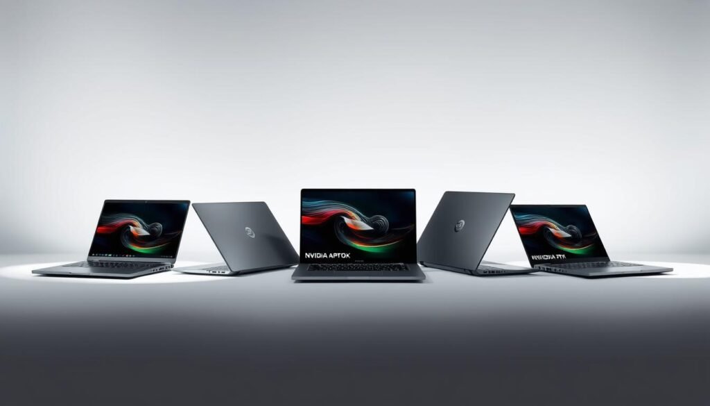 Prompt A pristine, high-resolution image of five sleek, premium laptops arranged in an elegant display. The laptops feature the latest NVIDIA RTX graphics cards, showcasing their power and performance. The laptops are positioned against a clean, minimalist backdrop, with subtle shadows and soft, directional lighting to accentuate their premium design. The laptops are arranged in a visually appealing manner, with each model positioned at a slightly different angle to highlight its unique features. The overall scene conveys a sense of sophistication, highlighting the laptops as the perfect choices for demanding work and gaming tasks.