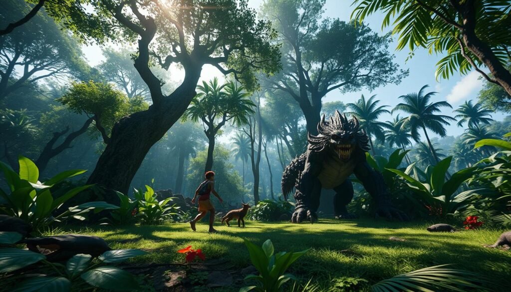 Vibrant wilderness teeming with life: a lush, primeval forest with towering canopies, dense undergrowth, and a diverse array of exotic flora and fauna. In the foreground, a colossal, ferocious monster stalks its prey, its muscular frame and menacing claws casting a formidable shadow. Sunlight filters through the trees, casting dappled patterns on the ground below. The air is thick with humidity, and the distant rumble of thunder hints at an impending storm. The camera angle is low, emphasizing the scale and power of the creature, while capturing the grandeur of the untamed ecosystem it inhabits. An atmosphere of primal wonder and peril permeates the scene, exemplifying the thrilling challenges and breathtaking vistas that await the player in "Monster Hunter Wilds". Vibrant wilderness teeming with life: a lush, primeval forest with towering canopies, dense undergrowth, and a diverse array of exotic flora and fauna. In the foreground, a colossal, ferocious monster stalks its prey, its muscular frame and menacing claws casting a formidable shadow. Sunlight filters through the trees, casting dappled patterns on the ground below. The air is thick with humidity, and the distant rumble of thunder hints at an impending storm. The camera angle is low, emphasizing the scale and power of the creature, while capturing the grandeur of the untamed ecosystem it inhabits. An atmosphere of primal wonder and peril permeates the scene, exemplifying the thrilling challenges and breathtaking vistas that await the player in "Monster Hunter Wilds".