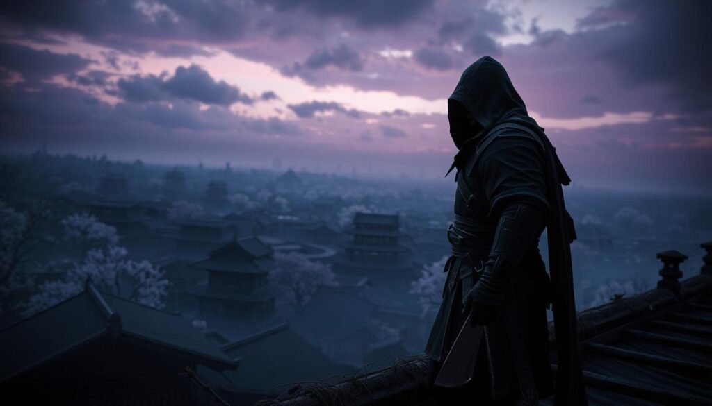 A dark, atmospheric scene depicting the climax of an Assassin's Creed saga featuring the Shinbakufu. In the foreground, a cloaked assassin holds a hidden blade, their face partially hidden by shadows, evoking secrecy and stealth. The assassin stands on a windswept rooftop, overlooking a sprawling, ancient Japanese cityscape in the middle ground, with traditional wooden structures and cherry blossom trees. The background reveals a moody sky at dusk, with deep purples and blues, casting an ethereal glow over the scene. Soft, diffused lighting illuminates the assassin's silhouette while accentuating the intricate details of their attire. Capture a sense of tension and intrigue, emphasizing the hidden epilogue and significant choices that lead to this moment. Use a cinematic angle to enhance the dramatic effect.