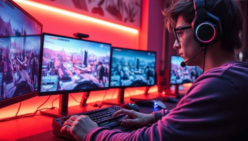 A dynamic gaming scene showcasing an intense moment from a next-gen video game played on multiple monitors, each displaying different resolutions from 720p to 4K. In the foreground, a dedicated gamer wearing a comfortable headset and casual attire is fully immersed, fingers flying across a mechanical keyboard. The middle ground features sleek, high-tech gaming equipment including a powerful GPU and illuminated RGB lighting, enhancing the atmosphere. In the background, a vibrant cityscape from a futuristic game environment is visible on one of the screens, transitioning smoothly from lower resolution to high resolution, illustrating the impact on graphics quality. The overall lighting is dramatic, with reflections on the screens creating a captivating glow, encapsulating the excitement and challenge of gaming at various resolutions.