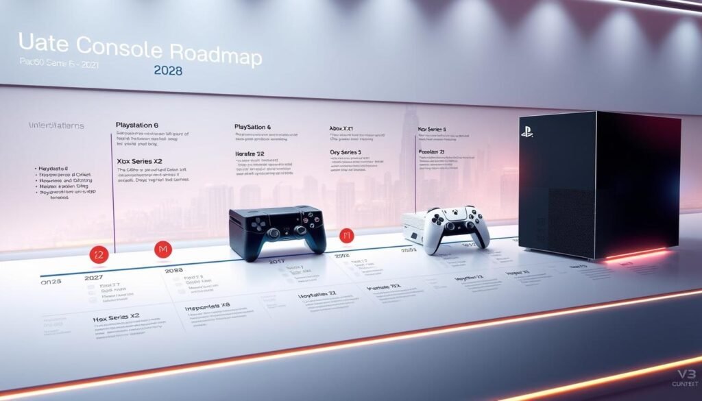 A futuristic gaming console roadmap illustration, set in a sleek, modern design. The foreground features a stylized timeline chart, with bold markers indicating significant upgrades and milestones for the PlayStation 6 and Xbox Series X2 from 2027 to 2028. In the middle ground, detailed concept art of both consoles, showcasing their advanced hardware and innovative features, is artistically displayed. The background includes a digitally rendered cityscape, symbolizing technological progress and gaming culture's evolution. The scene is illuminated with dynamic lighting, emphasizing key areas of the roadmap and the consoles, creating a vibrant yet professional atmosphere. The angle captures a slight bird's-eye view, providing a comprehensive overview of the future gaming landscape.