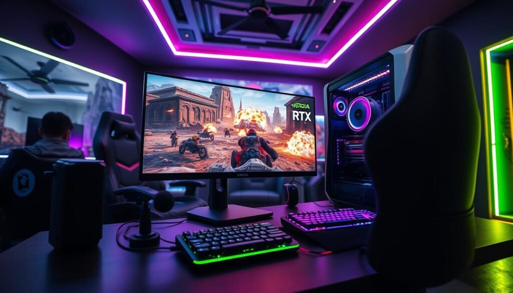 A high-end gaming setup in an ultra-modern environment, featuring an advanced gaming PC prominently displaying a powerful NVIDIA RTX graphics card. In the foreground, a sleek gaming monitor shows a vibrant, highly detailed graphics scene from a demanding next-gen game, with explosions and futuristic landscapes. The middle layer includes a high-tech gaming chair and a stylish keyboard with RGB lighting. The background highlights a dramatic gaming room, illuminated by ambient LED lights that change color, enhancing the immersive atmosphere. The scene conveys excitement and intensity, with shadows subtly cast by the lighting, and a focus on realism. Use a wide-angle lens to capture the expansive feel of the gaming rig, ensuring sharp detail and vibrant colors throughout.