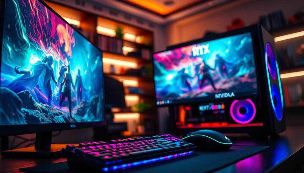 A modern gaming setup showcasing a high-end PC with a powerful NVIDIA RTX graphics card prominently displayed. In the foreground, a close-up of a vibrant gaming monitor adds depth, showcasing a stunning, visually rich game environment with dynamic lighting and intricate textures that reflect the performance of RTX technology. The middle ground features a sleek gaming keyboard and mouse, illuminated with RGB lighting, highlighting the immersive gaming atmosphere. The background is softly blurred, depicting a stylish gaming room with ambient lighting and shelves filled with next-gen game titles. The overall mood is energetic and futuristic, evoking excitement for next-gen gaming experiences. The lighting is dramatic but balanced to emphasize the hardware details and gameplay visuals without overwhelming the composition.
