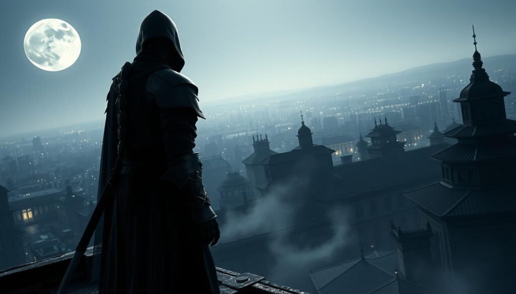 A mysterious Assassin's Creed scene featuring Naoe, a shadowy ninja-like character, poised on a rooftop overlooking a moonlit cityscape. In the foreground, Naoe stands with a stealthy stance, wearing traditional assassin attire: a hooded cloak, intricate armor, and a masked face, blending into the night. The middle ground reveals the detailed architecture of ancient buildings, casting long shadows under the silver glow of the moon, while subtle wisps of fog float gently through the air. The background showcases a sprawling city, with distant lights twinkling like stars, enhancing the atmosphere of intrigue and danger. The lighting is dramatic, creating high contrast between the shadows and the illuminated areas, evoking a sense of stealth and suspense. The overall mood is tense and enigmatic, perfect for a hidden quest.