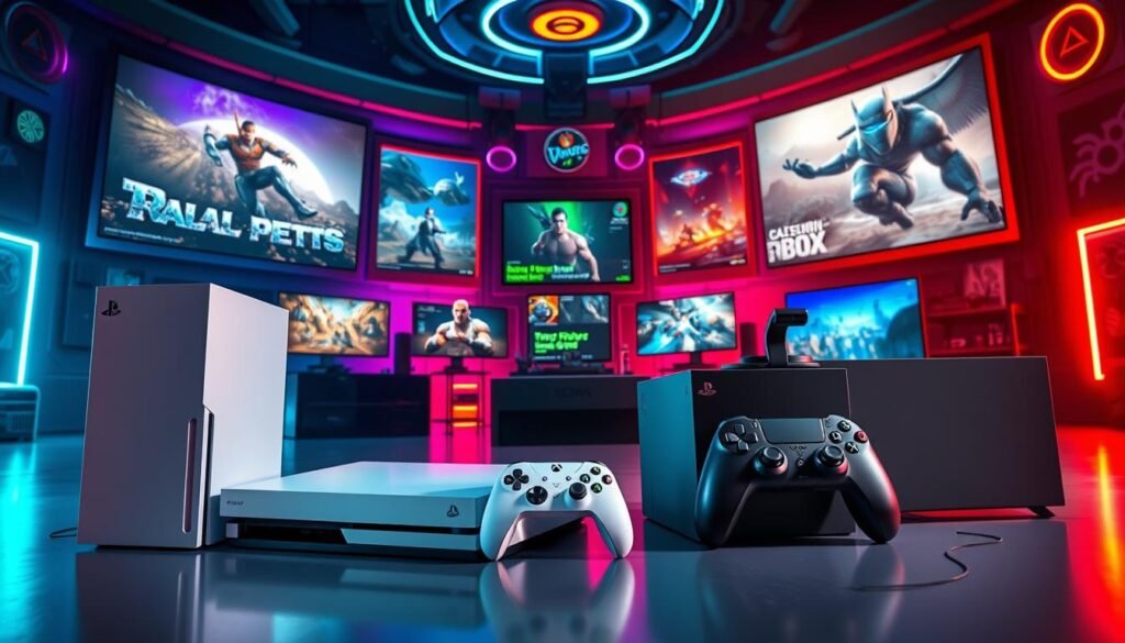 A vibrant and dynamic image showcasing exclusive games for gaming consoles. In the foreground, a sleek PlayStation 6 console is elegantly displayed next to the powerful Xbox Series X2, both featuring futuristic designs. The middle ground reveals a gaming setup with high-end accessories like controllers and VR gear, surrounded by digital screens showcasing stunning graphics from exclusive titles. The background features a stylized, futuristic gaming environment filled with neon lights and holograms representing various game worlds. The scene is illuminated with dramatic lighting that highlights the consoles while casting soft shadows, creating an immersive atmosphere that evokes excitement and competition. The angle is slightly tilted to add dynamism, capturing the essence of next-gen gaming rivalries.