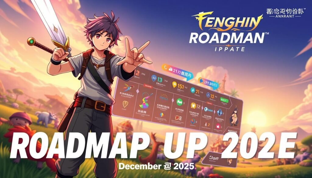 A vibrant and dynamic roadmap update graphic for a mobile game, themed around a fantasy world similar to Genshin Impact. In the foreground, showcase an illustrated hero character in modest casual attire, confidently pointing towards the future with a majestic sword. The middle section features a detailed roadmap design, with bright icons representing major updates and new features, set against a lush, colorful landscape filled with fantastical creatures and structures. The background displays a sunset sky, casting warm light over the scene, giving it an inviting and adventurous atmosphere. Use a wide-angle lens effect to enhance depth and focus on the roadmap’s intricate details, capturing enthusiasm for the upcoming December 2025 release.
